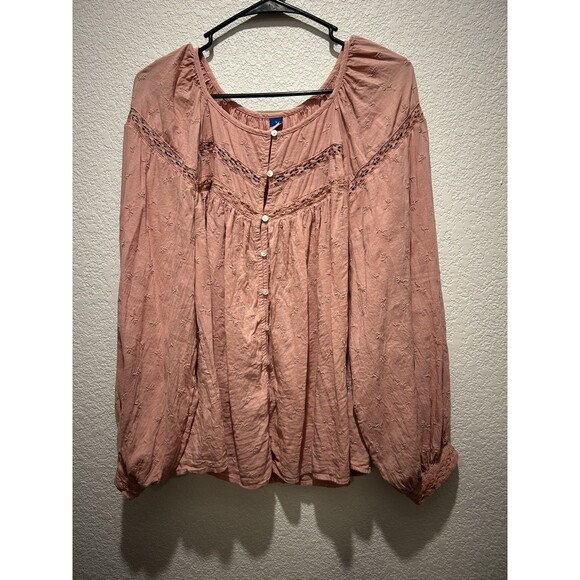 Old Navy Womens Shirt Blouse Large Embroidered Dust Pink long Sleeve Peasant - Picture 1 of 7